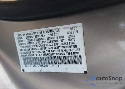 2007 Honda Odyssey Ex-L from USA, damaged, VIN 5FNRL38777B093323